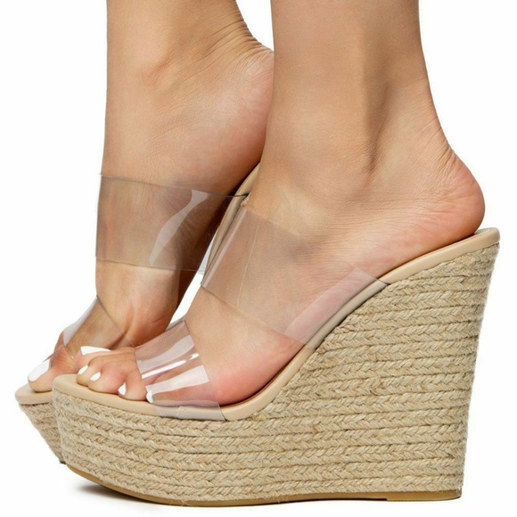 SZ 10 Clear Nude Open Toe Espadrille Wedge Sandals - Picture 4 of 8